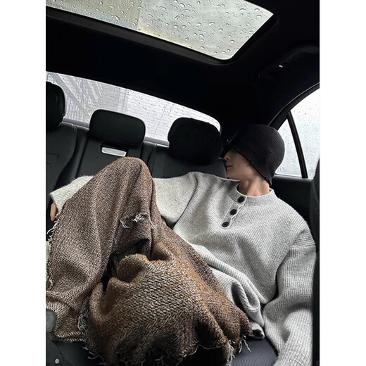 Digada American lazy style retro Henry collar sweater for men in autumn and winter single-breasted high street loose casual sweater top JCF-909 Gray XL