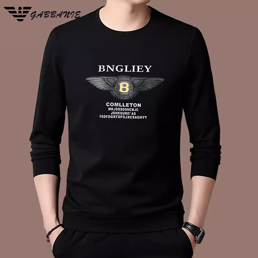 Qi Armania brand men's long-sleeved T-shirt men's round neck cotton sweatshirt versatile casual top 1105-Black M 165[suitable for 90-120Jin[Jin equals 0.5 kg]]