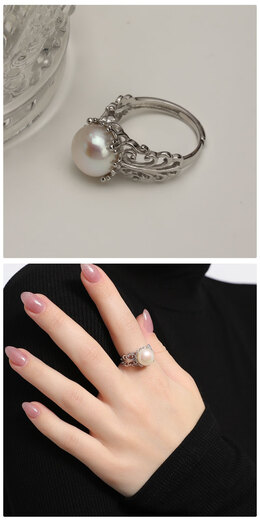 Fujiujinzhengyuan natural freshwater pearl 925 silver ring women's niche light luxury high-end adjustable open index finger ring silver (s925 silver + freshwater pearl 9-10mm)