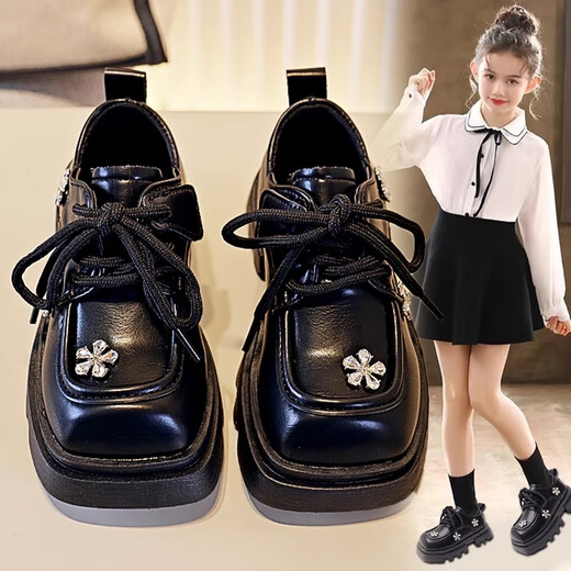 Sharp girls' leather shoes spring and autumn 2025 new children's princess loafers girls black soft sole performance shoes big children XC1608 black 26