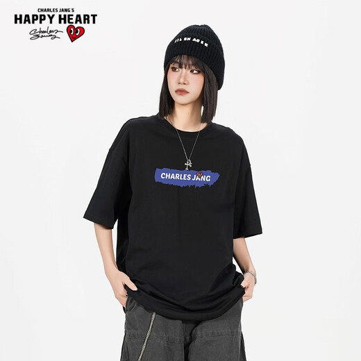 T-shirts Charles Peach Heart pour hommes et femmes, petit monstre imprimé en coton pur couple de bases de base à manches courtes, noir L
