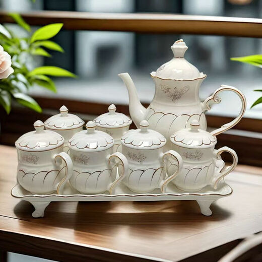 Jingdezhen high-end European water cup set, ceramic living room cup, family light luxury teapot, tea set, tea cup, household cup set, gold and jade brocade with 4 feet and 6 lids