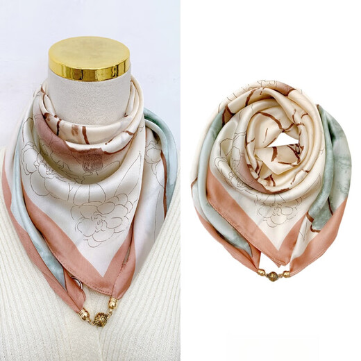 范诗奥新款百搭磁吸扣春秋方巾三角丝巾女领巾洋气围巾夏季时尚护颈围脖 清新蓝莲花