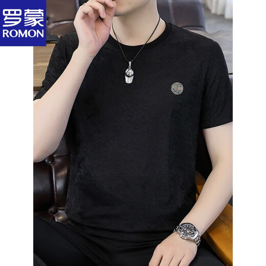 Romon Jacquard T-Shirt Herren Kurzärärmelte Sommer High-End Hot Diamond Ice Seide Rundhals T-Shirt Cooles Silky Halbärmel 698 Weiß L 110-130jin [Jin ist 0,5 kg]