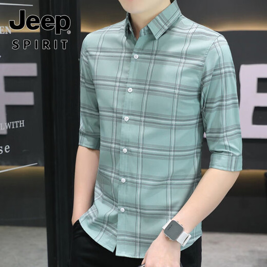 JEEP SPIRIT美式高端新款夏季弹力冰丝七分袖衬衫抗皱免烫薄款男士中袖衬衣潮 682-白色 M 80斤-100斤