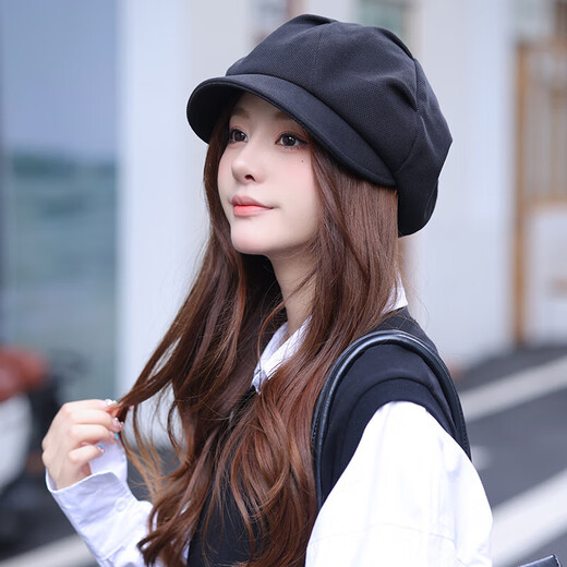 千姿娇媚（QIANZIJIAOMEI）云朵帽子女褶皱春秋新款显脸小英伦复古休闲八角帽百搭贝雷帽女 黑色