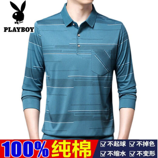 Playboy Summer Pure Cotton Herren T-Shirt Langarm Frühling und Herbst neuer Stil mittleren Alters mittleren Alters und älteren Gelegenheitsmännungen Dünner Dach-Taschen-T-Shirt B753 Horizontaler Streifen Blau L 170/110/50