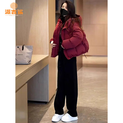 Paige Shark 2025 new style this year popular small red short fashion thickened cotton jacket for women autumn and winter trendy brand burgundy M recommended 100-120Jin Jin equals 0.5 kg