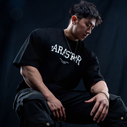 劳拉之星LS1098落肩宽松重磅纯棉健身短袖t恤宽松短袖T恤男篮球训练上衣 黑色 XL 【建议85-95KG】