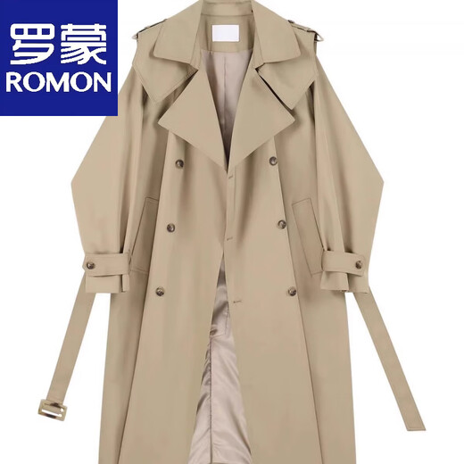 Romon Double Breasted Trench Coat Jacket Men's Spring Autumn and Winter British Style Handsome Coat Mid-Length Cloak Fashionable Black Cotton Thickened XL 136-155