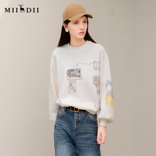 谜底圆领卫衣长袖女2025春新品艺术感印花百搭宽松上衣251MV5009 本白 S