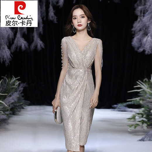 皮尔卡丹（pierre cardin）2025春季新款香槟色小晚礼服裙名媛气质宴会主持人连衣裙平时可穿 浅香槟色 XL