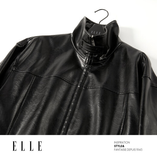 ELLE French modern short leather jacket for women 2025 spring new fashionable PU leather design chic top black L