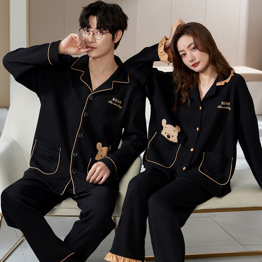 Clolv Kissck Sports Couple de pyjamas printemps et automne un homme et une femme Waffle à deux pièces peuvent être portés à l'extérieur de la maison QH-9855 # [Waffle] Suisse de revers m Femme + mâle L L