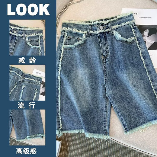 赢镇夏季五分牛仔短裤女学生复古腰毛边直筒宽松遮胯显瘦薄款热裤潮 679破洞黑色 2XL 建议：130-140斤