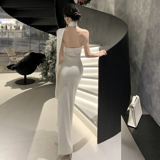 YIOU气质名媛法式缎面飘带晚礼服长裙女高端轻奢包臀挂脖连衣裙6936 香槟色 S