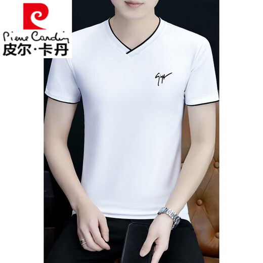 
Pierre cardin summer men's short-sleeved T-shirt v-neck pure cotton half-sleeved chicken heart neck T-shirt trendy slim body thin men's clothing black YD7029 M