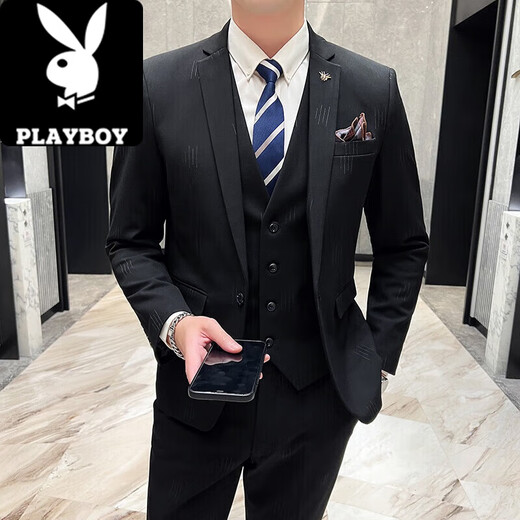 Playboy (PLAYBOY) men's suit suit Korean version slim fit groom wedding formal dress casual British iron-free suit jacket 1818 light gray suit + pants + vest XL recommended 120-135 Jin Jin equals 0.5 kg
