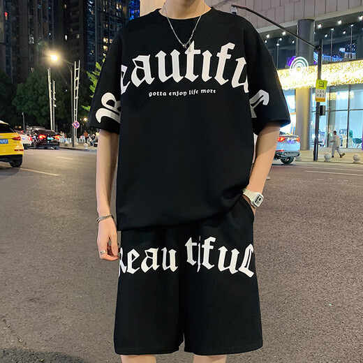 Boys Summer Short Sleeve Two-Piece Fat Boys 13-16 Years Old Loose Sports Set 14 Children's Clothes FKS653 Khaki Set 170 (XL) 125-150Jin [Jin equals 0.5 kg]