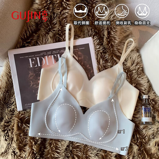 
GuJIN underwear for women in spring and summer ultra-thin big breasts showing small breasts breathable rabbit ears traceless ice silk bra M