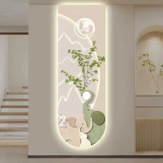 Decorative painting of the four-member elephant decorative painting of the entrance of the family of four, buttery style corridor hanging painting led lighting high-end wall murals T12529 (uv exquisite carving without frame) 30*90 (small size carefully selected) Crystal porcelain picture/no light