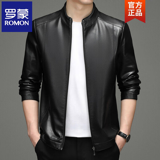 ROMON Haining Genuine Leather Jacket Men's Autumn and Winter Plus Velvet Sheep Leather Jacket Middle-aged Dad Men's Casual Leather Jacket Black Stand-up Collar Thin L 175 Recommended 120-140 Jin Jin is equal to 0.5 kg