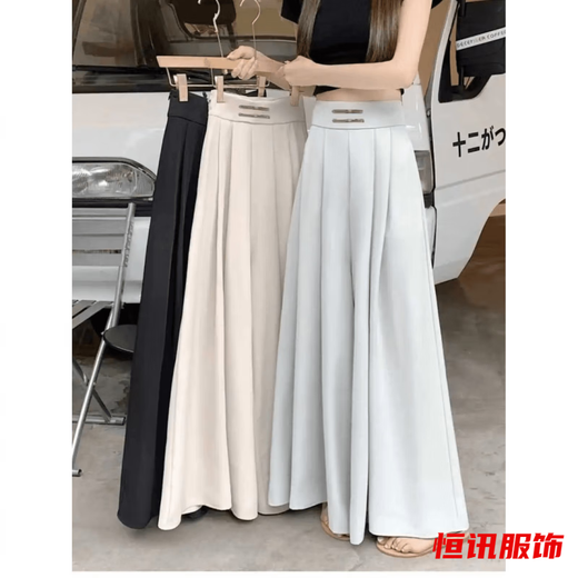 美梵朗夏季百搭外穿高腰雪纺盘扣垂感阔腿垂坠感收腰遮肚长款裙裤子女潮 黑色春夏款阔腿裙裤838 L 建议100-115斤