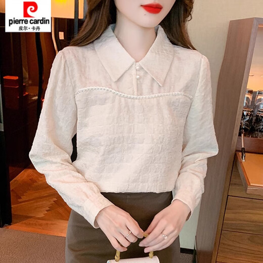 Pierre Cardin (pierre cardin) polo collar long-sleeved velvet shirt for women spring and autumn 2025 new spring French inner top bottoming shirt western style apricot color regular XL 120-135Jin Jin is equal to 0.5 kg