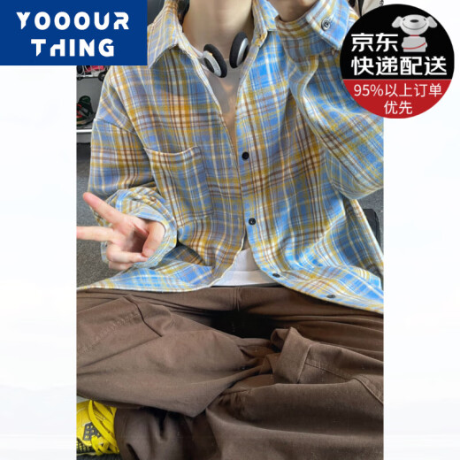 
YOOOURTHING American retro plaid shirt men's long-sleeved spring, autumn and winter plus velvet thickened loose couple versatile casual shirt jacket CJ9734-Yellow plaid plus velvet M (recommended 90-110Jin [Jin equals 0.5 kg])