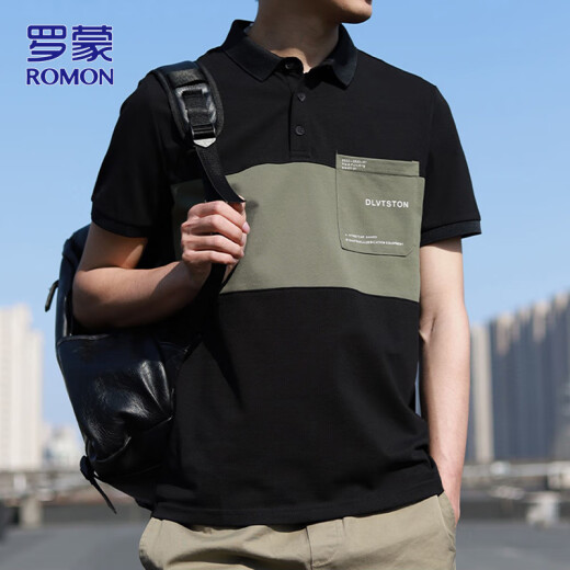 罗蒙（ROMON）短袖男士夏季休闲短袖t恤男翻领polo衫男上衣外套男 黑色 XL