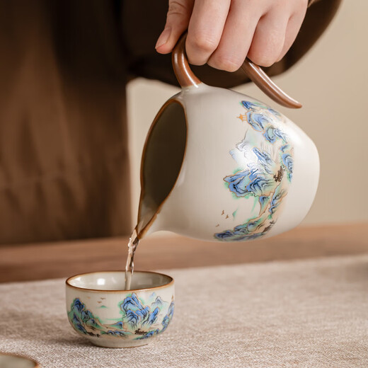 Porcelain brand tea set Ru kiln Qianli Jiangshan Kung Fu tea set with openable slices porcelain Xishi pot Festival housewarming gifts for elders