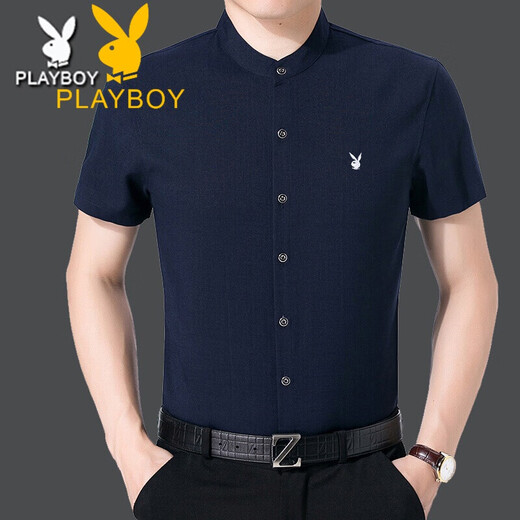 花花公子（PLAYBOY）中年男棉麻立领短袖衬衫衣夏季薄款宽松大码商务爸爸装圆领衬衣寸 浅兰 Z6636格子浅兰 S 165/84A