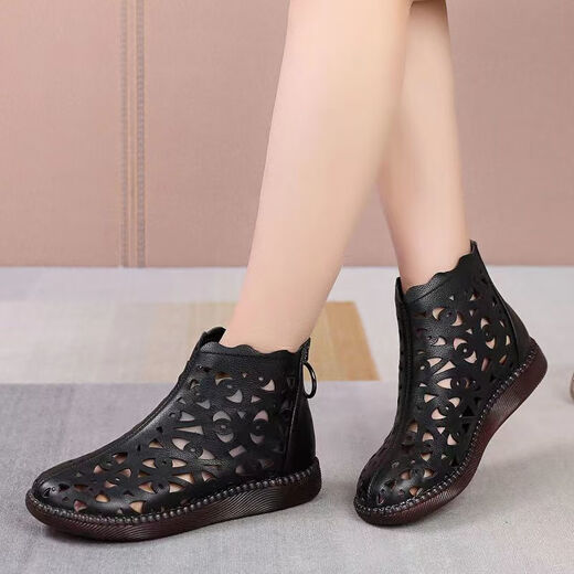 Nyckjk Rindfleisch Sehne Sohle Sandalen für Frauen im Sommer Hohlloch hohe obere Sandalen flache Sohle weicher Sohle nicht rutscher Mutterschuhe Casual Trend 9902 Schwarze Stoffschuhe 35