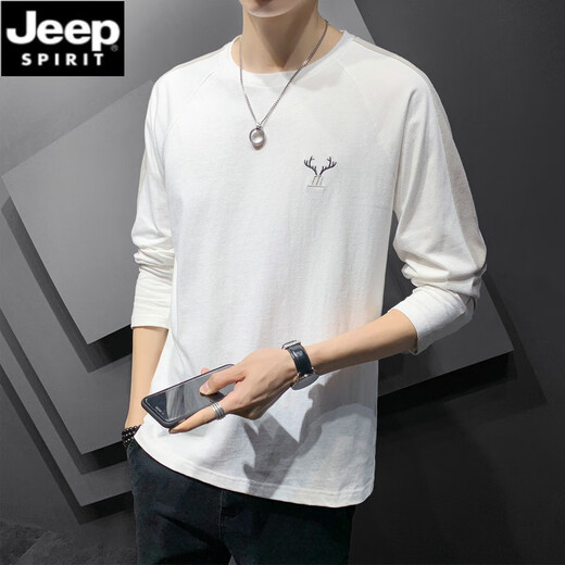 Jeep Spirit Cotton Herren-Langarm-T-Shirt 2025 Frühling und Herbst Neue Tops Trendy Lose Frühling und Sommer Dünnes inneres Basishemd DS643 White + DS692 White M (100-115jin [Jin gleich 0,5 kg]))