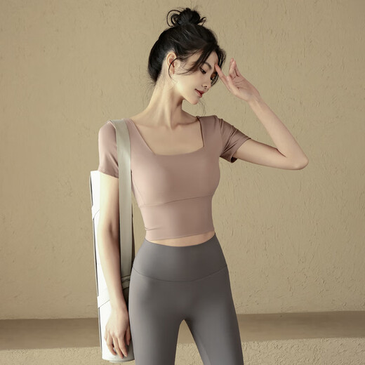 ACKDCS yoga wear with chest pad, short-sleeved women's summer Pilates training fitness top, running sports T-shirt S pink short-sleeved + sea rock gray pants Suit with stand M Recommended 95-110Jin Jin equals 0.5 kg