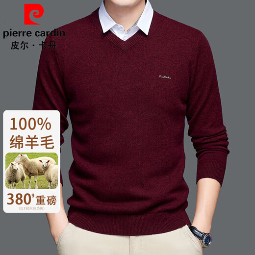 Pierre Cardin pure wool sweater men's 100% wool sweater middle-aged autumn and winter v-neck sweater thickened warm knitted bottoming shirt