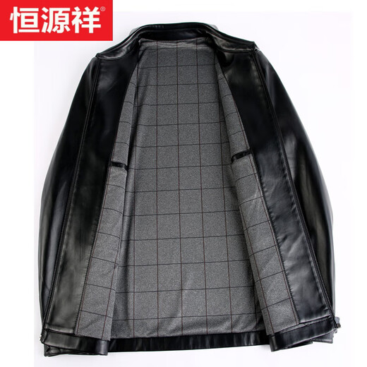 Hengyuanxiang leather jacket men's business lapel middle-aged dad's clothing autumn and winter new velvet thickened soft leather jacket for middle-aged and elderly people black single leather size 170 - recommended weight 100-125 Jin Jin equals 0.5 kg