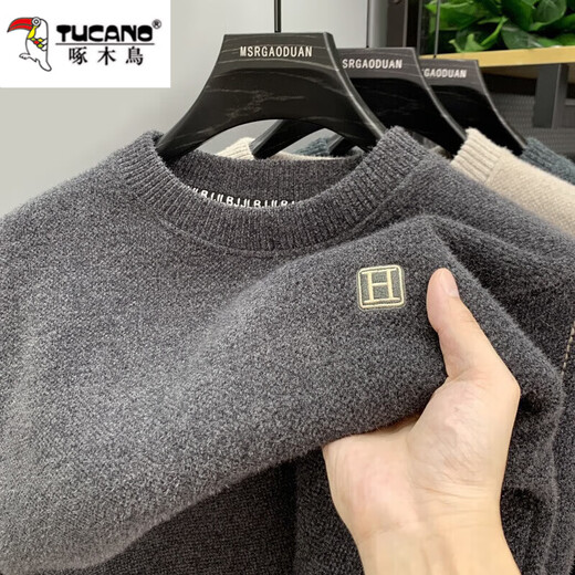 Woodpecker integrated velvet high-end round neck sweater for men's autumn and winter style plus velvet thickened warm base knitted sweater clothes 10749/9906 black [plug thickened] XL