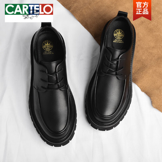 卡帝乐鳄鱼（CARTELO）皮鞋男款英伦风潮流百搭男士休闲大头德比厚底增高低帮耐磨马丁靴 黑色6623 四季款 40 标准皮鞋码