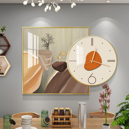 现代轻奢餐厅背景墙带钟晶瓷装饰画抽象大气饭厅组合挂画卧室壁画 TXMG12596 60*60cm+圆直径40cm总长80高雅