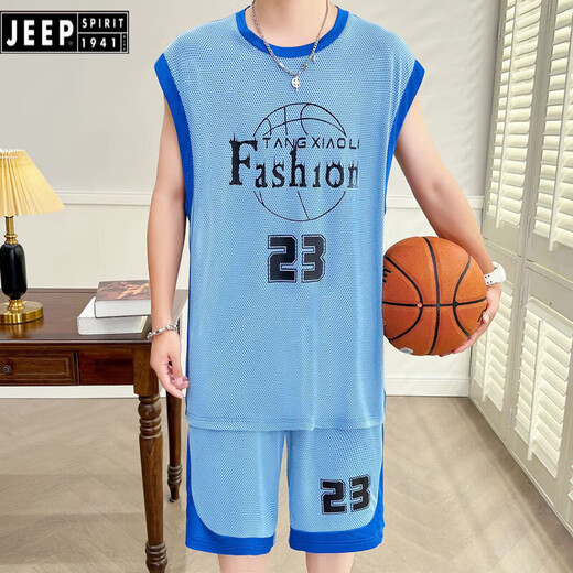 JEEP SPIRIT Summer Male Student Sleeveless Ice Wire Mesh Sports Set Vest Breathable Quick Dry Junior High School Basketball Suit Boys Male 6636 Light Gray 3XL [160-185Jin [Jin equals 0.5 kg]]