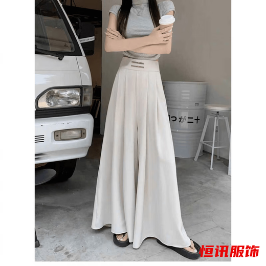 美梵朗夏季百搭外穿高腰雪纺盘扣垂感阔腿垂坠感收腰遮肚长款裙裤子女潮 黑色春夏款阔腿裙裤838 L 建议100-115斤