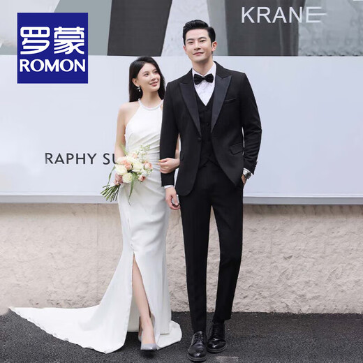 ROMON Groom Wedding Suit Men's Three-piece Korean Slim Tuxedo Dress Suit Business Professional Formal Black Suit Top + Vest + Pants + Shirt Gift Pack XL -48 120-135 Jin Jin equals 0.5 kg