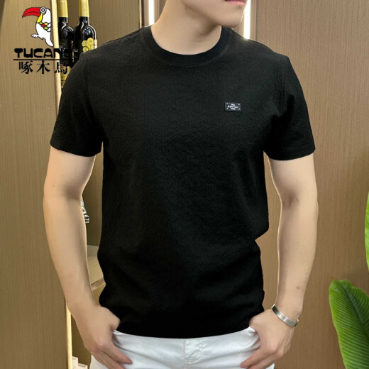 啄木鸟（TUCANO）设计师款夏季冰丝肌理感绣标圆领男士短袖时尚半袖百搭轻奢舒适款 1105白色 M 80-105斤