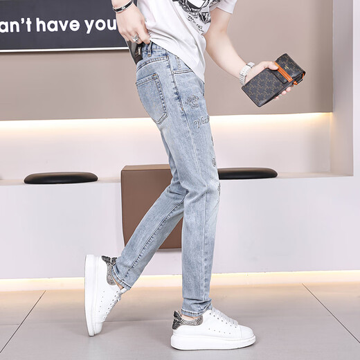 Gozan Jeans Jeans Hot Diamond Print 2025 Summer Fiting Fits Feet Pants Style Coreano Corea Cortaal Elástica Luz azul Luz 9885 28 (2 pies 1)