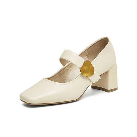 Los mejores 25 primavera retro Mary Jane zapatos de tacón grueso Toe Singles para mujeres M1509AQ5 beige 38