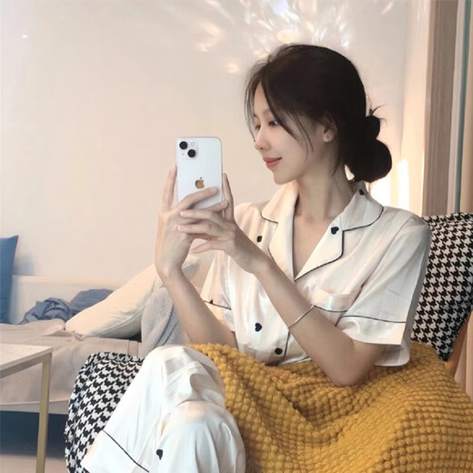 港莲娅冰丝睡衣女春秋款爱心新款家居服秋季女士感大码套装宽松夏季 高品质-f-9905短袖长裤 M  建议80-100斤