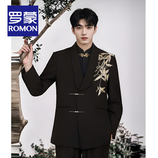 Romon (Romon) Neues chinesisches Männer-Verlobungsanzug Set chinesischer Stil Goldkragen Zhongshan-Anzug Gold Bambus gestickter Jungen Erwachsener Kleid Anzug neu