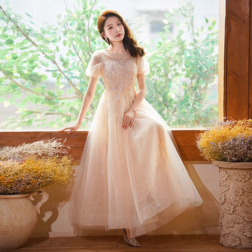 Zhufan music student art examination dress piano performance fairy evening girl vocal banquet adult ceremony dignified and elegant middle school student champagne color long sleeves mid-length zipper style S