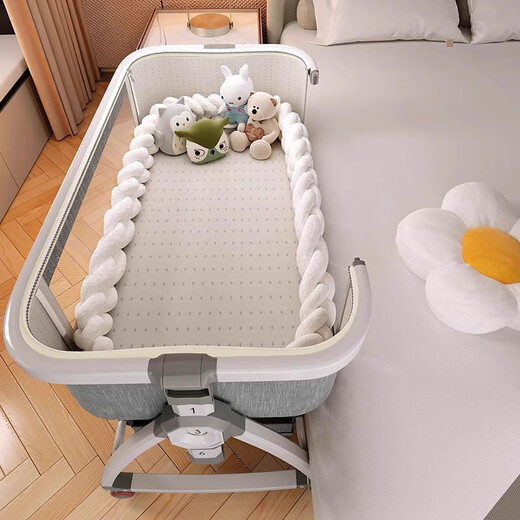 LISM Newborn Crib Multifunctional Bed with Diaper Table, Splicable Bed, Foldable Baby Shaker, Movable High Carbon Steel - Cloud Gray, With Mosquito Net + Diaper Table, Folding Three-in-One Sleeping Device